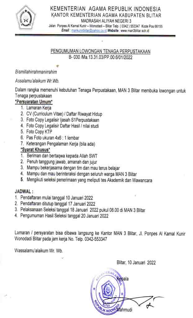 LOWONGAN PUSTAKAWAN MAN 3 BLITAR - MAN 3 BLITAR